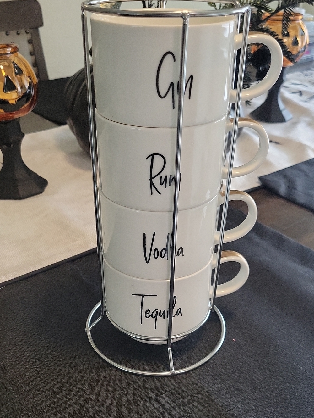 Stackable White Ceramic 'Gin Rum Vodka Tequila' Mug Set with Chrome Stand